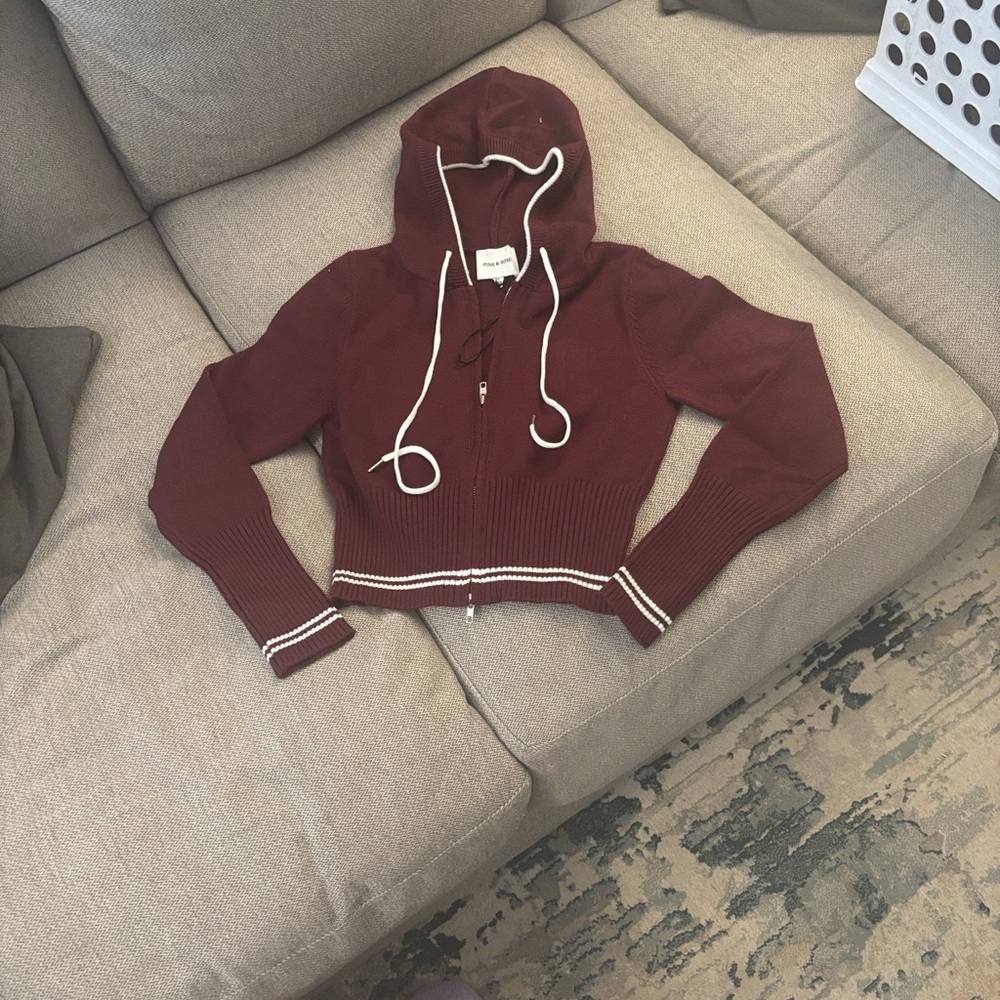 Pink Rose Maroon Zip Hoodie with White Trim - Picture 4 of 6
